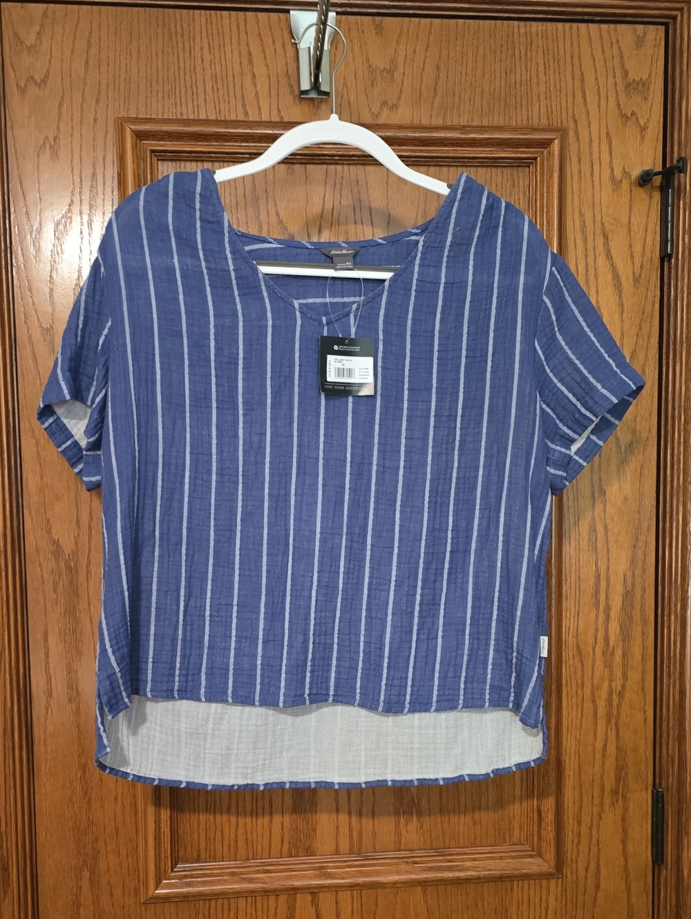 Eddie Bauer,Casual Blue Striped V-Neck Women's Top